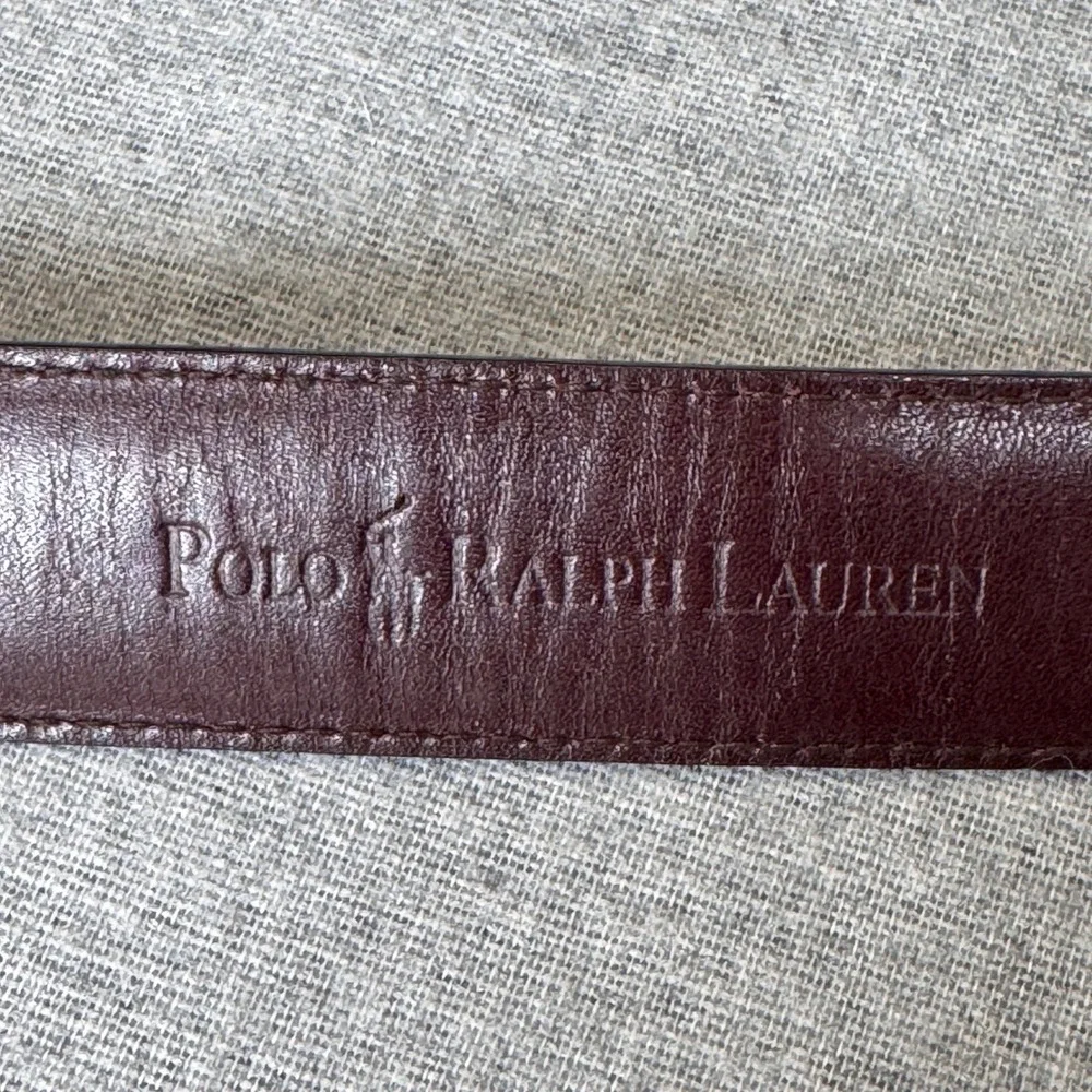 Polo Ralph Lauren Mens Burgundy Italian Leather Belt Size 36 Silver Logo Plaque